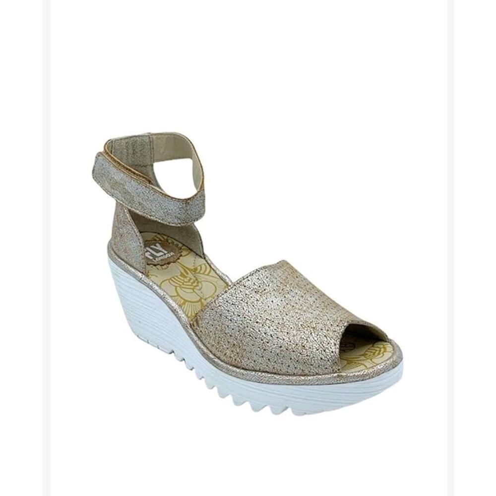 Fly London Yake Pearl Perforated Leather Ankle Strap Wedge Sandal 40 9-9.5